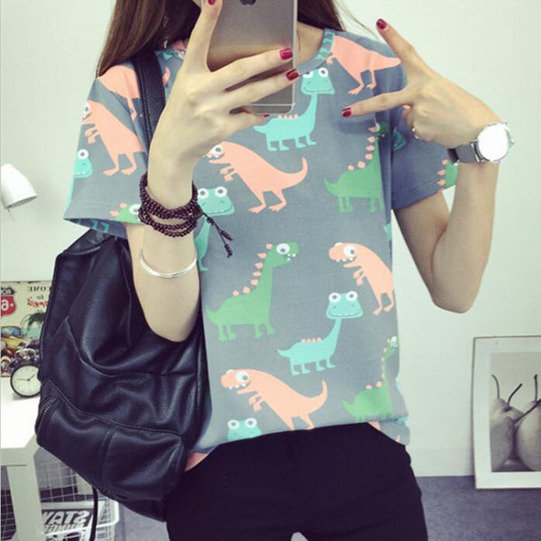 Korean Retro Animal Dinosaur Printing T shirt